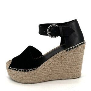 Marc Fisher Black Suede Wedge Alida Ankle Strap Open Toe 9.5 Espadrille Sandals